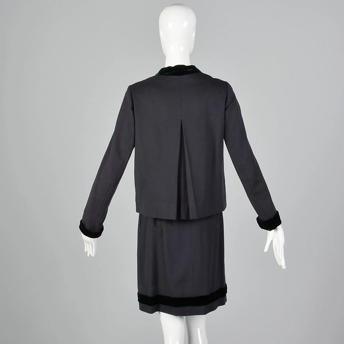 1960s Gray Wool Skirt Suit with Green Velvet Trim