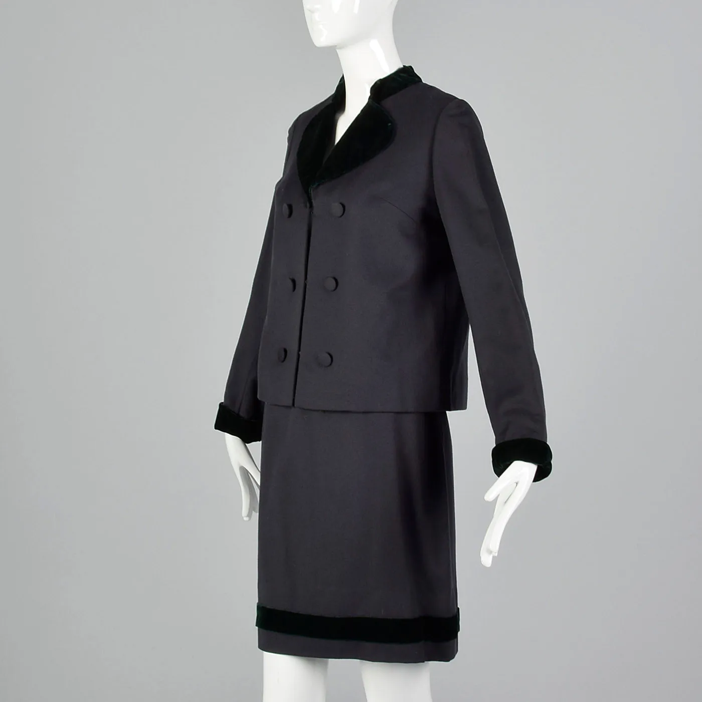 1960s Gray Wool Skirt Suit with Green Velvet Trim