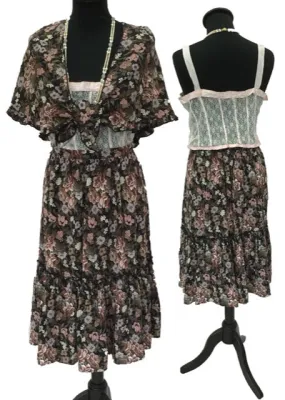 1970s Vintage Brown Floral Print Prairie Skirt & Shawl