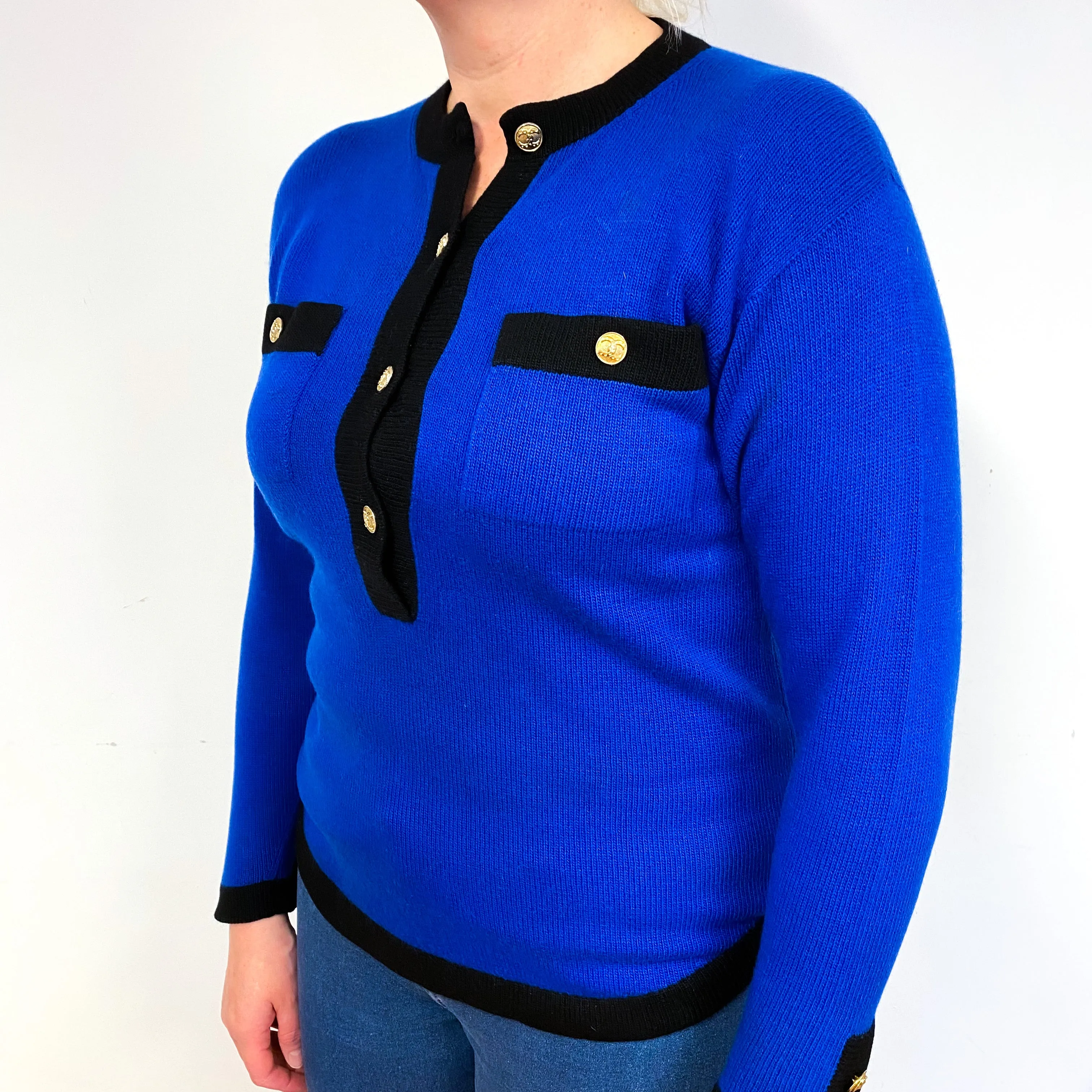 1980’s Vintage Blue Buttoned Cashmere Crew Neck Jumper Large