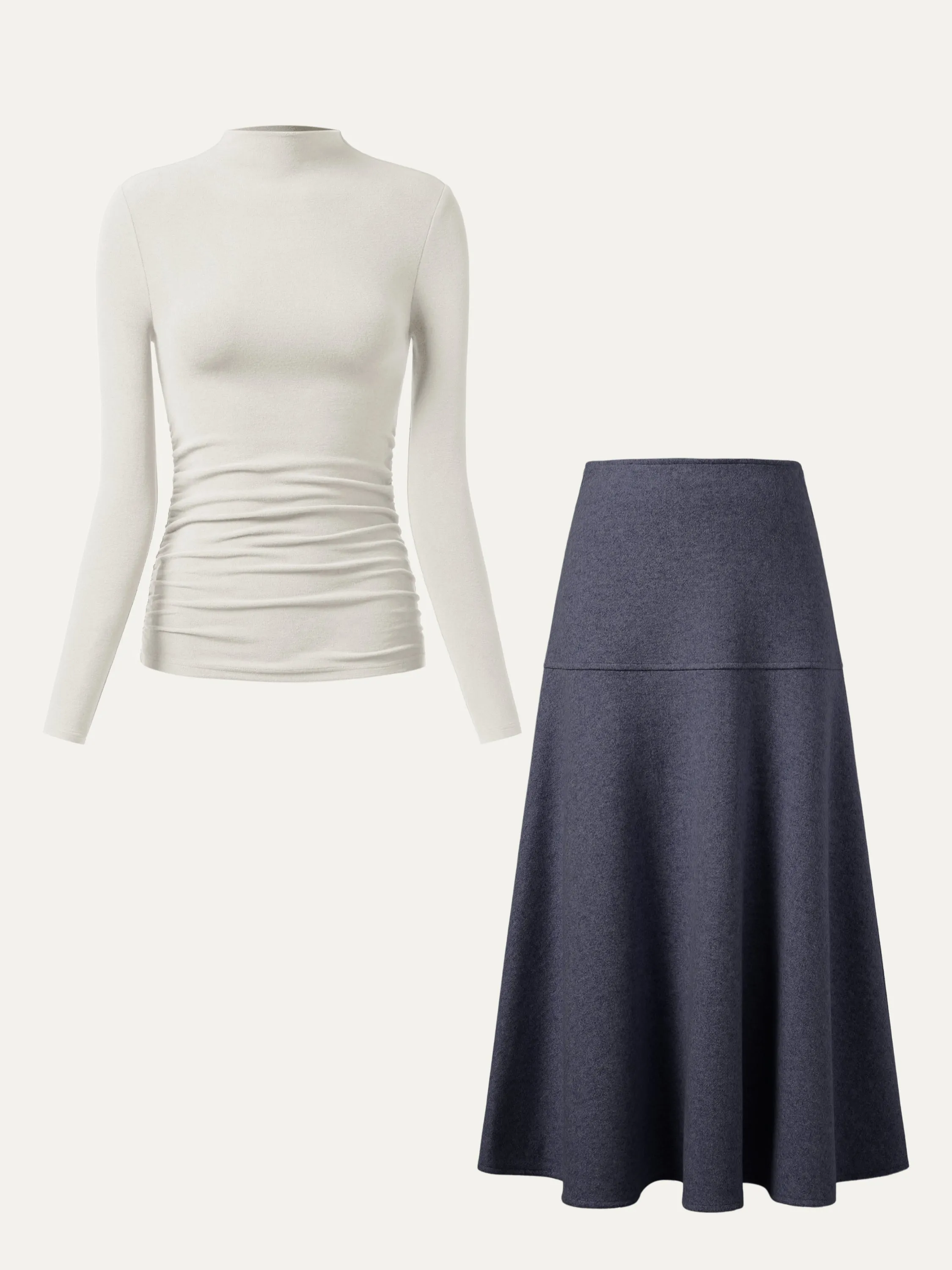 2Pcs Set Ruched Sides Tuckable Mockneck Top & Flared Maxi Skirt