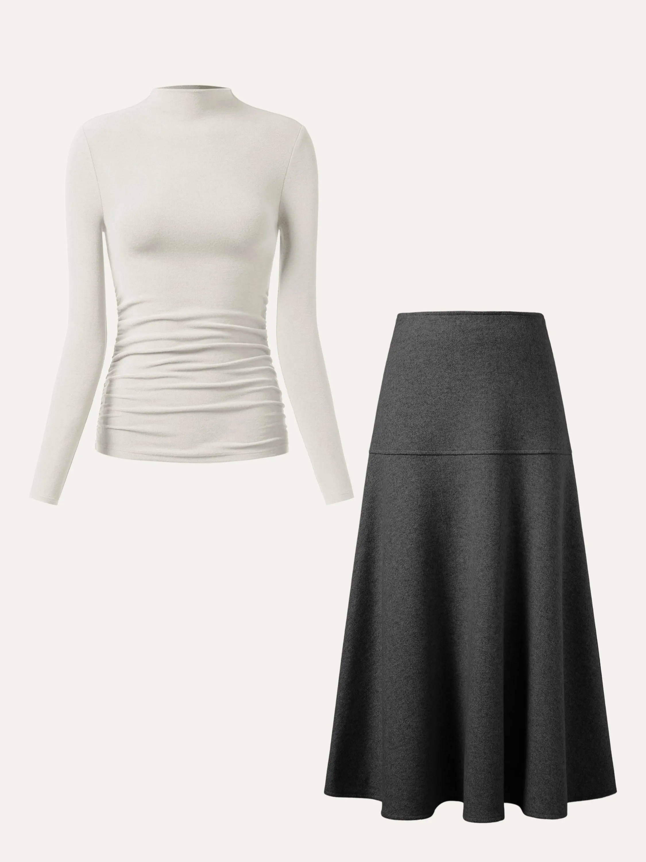 2Pcs Set Ruched Sides Tuckable Mockneck Top & Flared Maxi Skirt