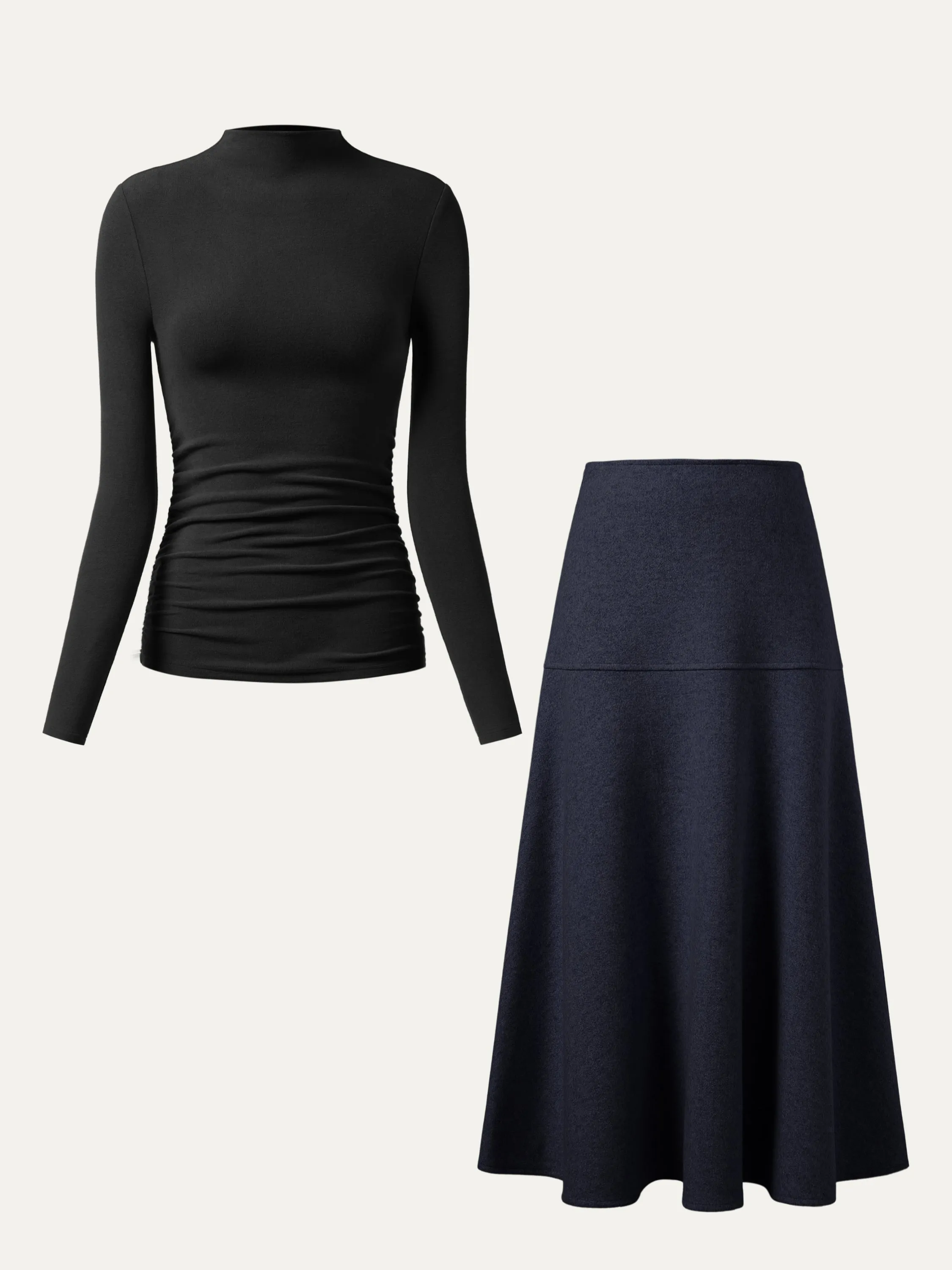 2Pcs Set Ruched Sides Tuckable Mockneck Top & Flared Maxi Skirt
