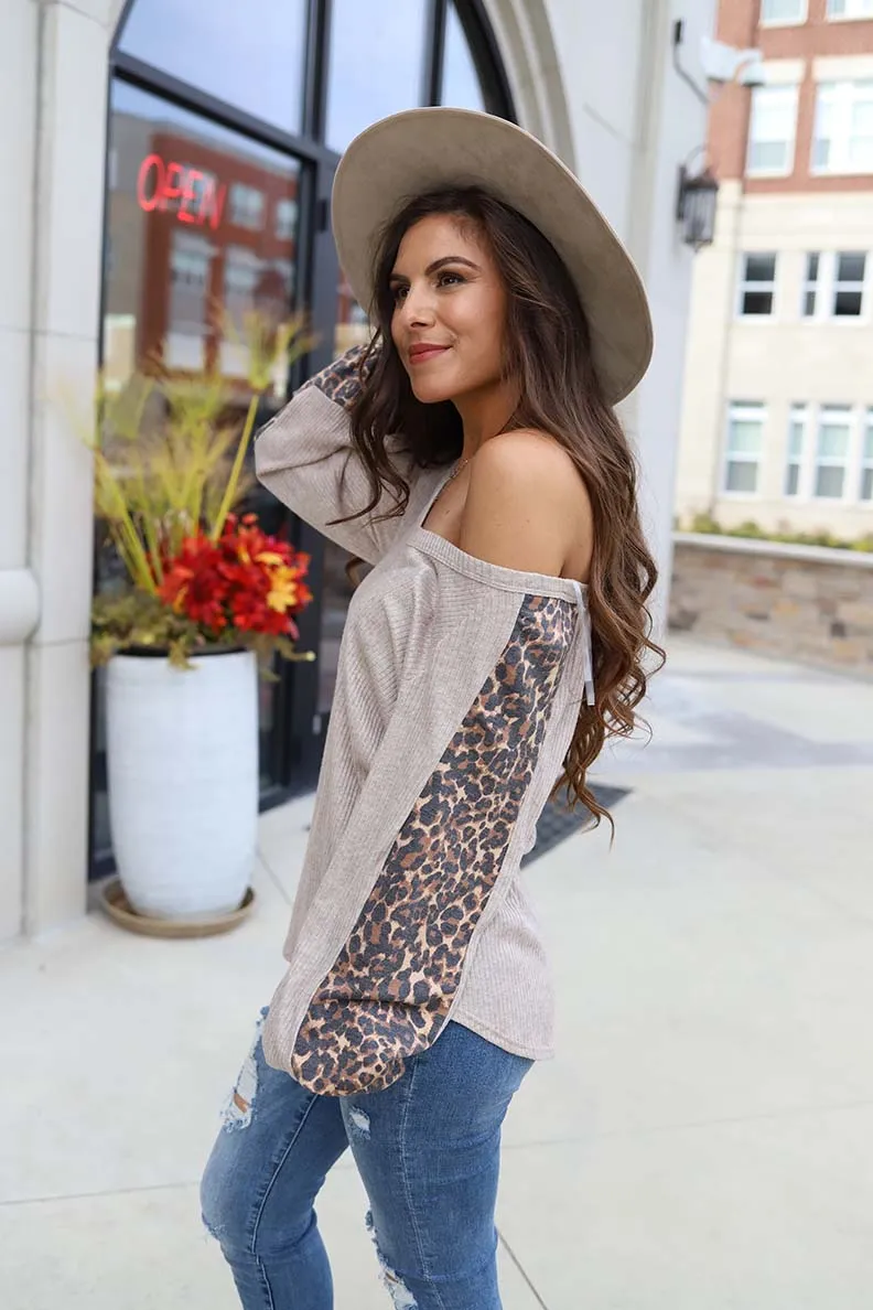 Alannah Leopard Patterned Contrast Sleeve Ribbed Top