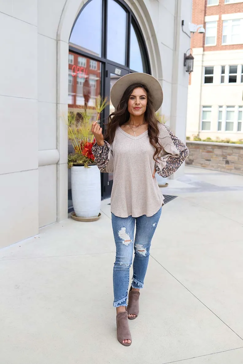 Alannah Leopard Patterned Contrast Sleeve Ribbed Top