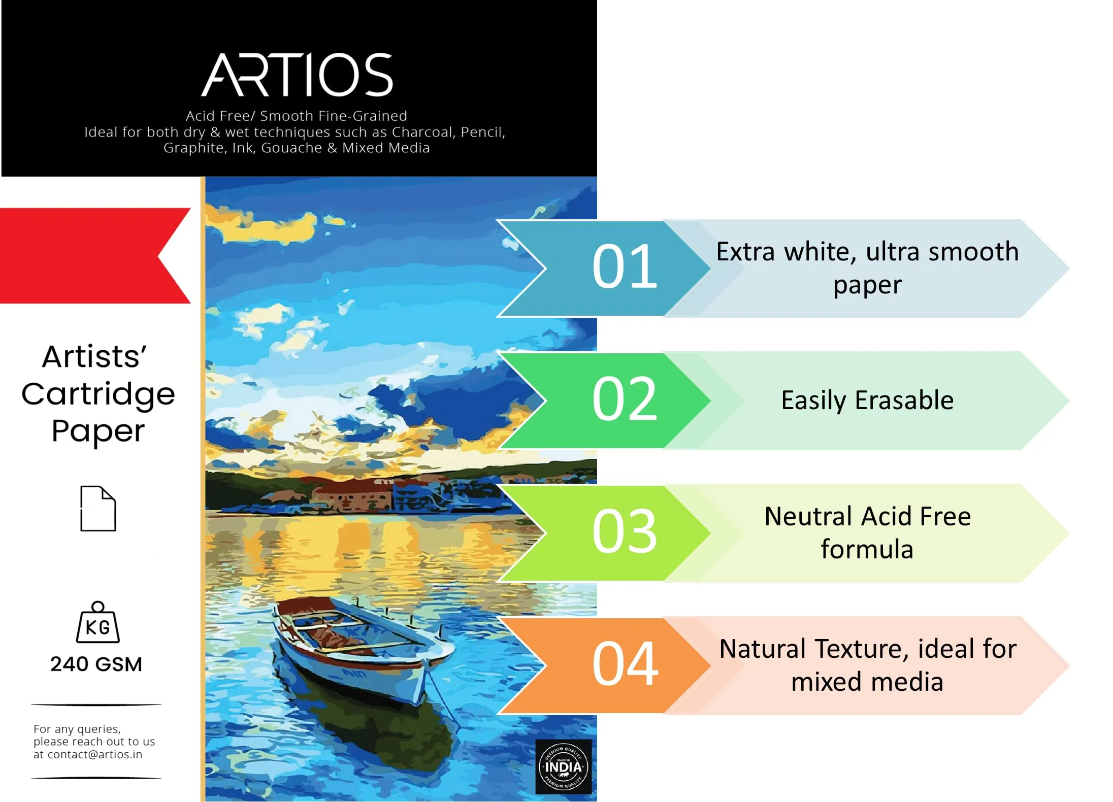 ARTIOS Mixed Media Cartridge Paper A4 240 GSM - 100 (84 16 Free) Drawing Sheets for Artists, Ideal for Charcoal, Graphite, Acrylic, Watercolor, Gouache, Ink, & Other Mixed Media