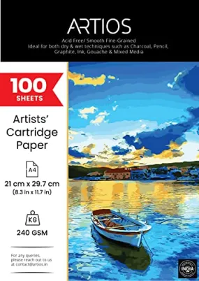 ARTIOS Mixed Media Cartridge Paper A4 240 GSM - 100 (84 16 Free) Drawing Sheets for Artists, Ideal for Charcoal, Graphite, Acrylic, Watercolor, Gouache, Ink, & Other Mixed Media