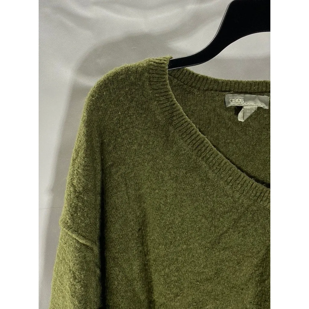ASOS Women's Olive Green V-Neck Pullover Knit Dropped Shoulder Sweater SZ 2