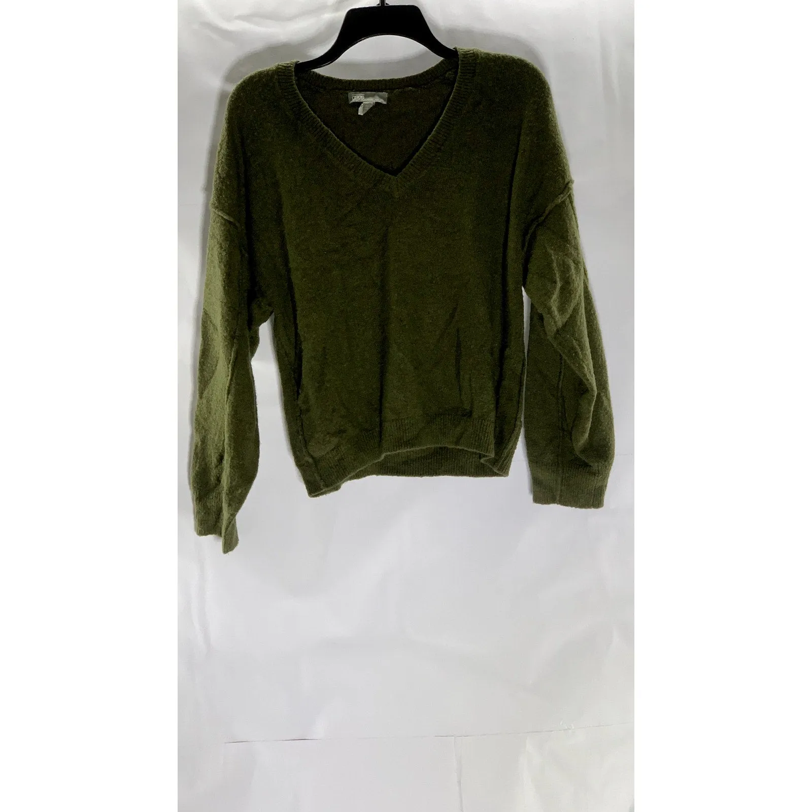 ASOS Women's Olive Green V-Neck Pullover Knit Dropped Shoulder Sweater SZ 2