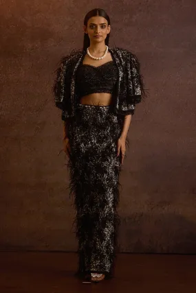 Atha Lace Blouse With Feathered Crop Jacket And Pencil Fit Skirt