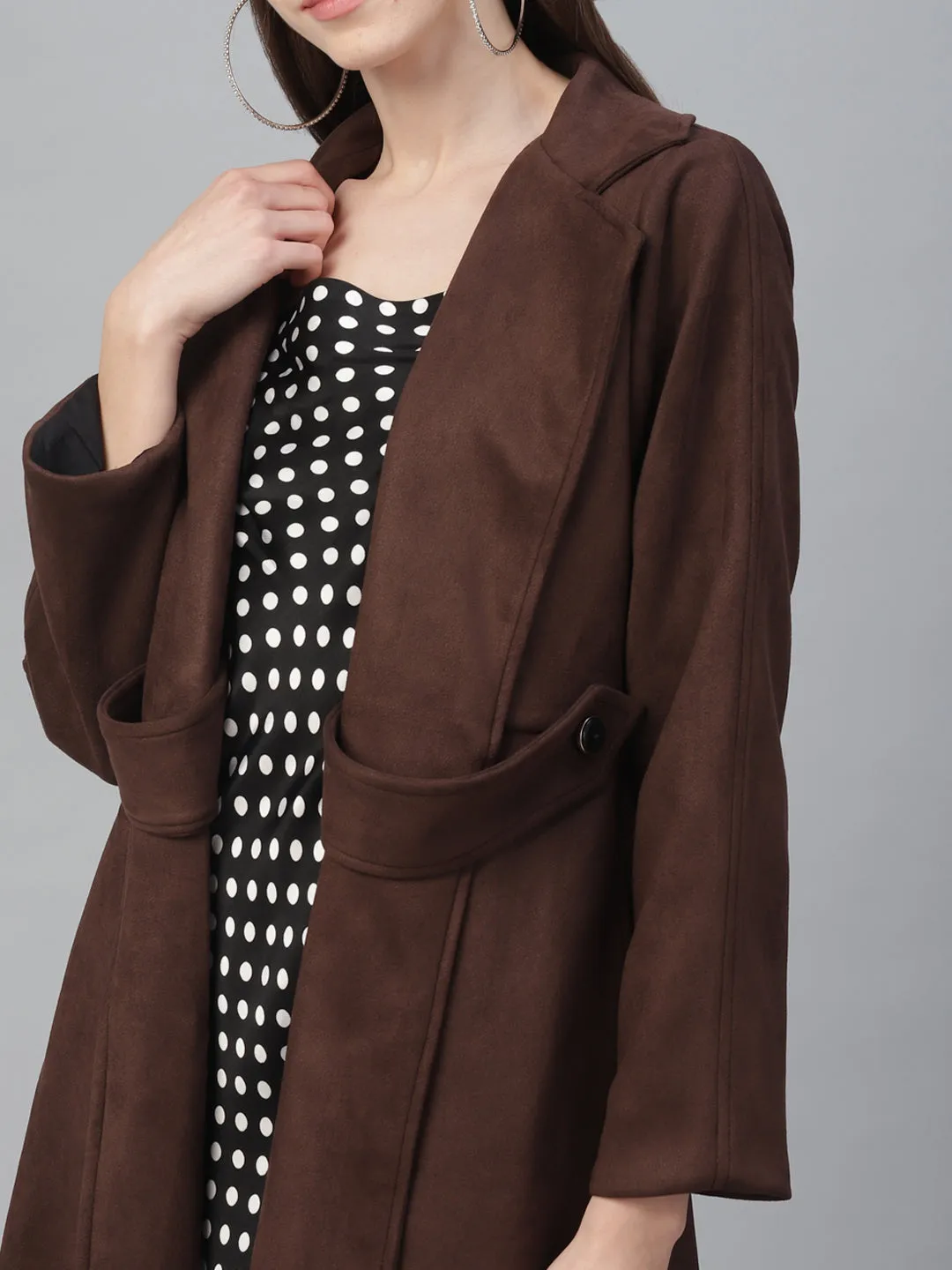 Athena Women Brown Solid Suede Longline Overcoat