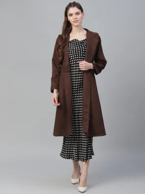 Athena Women Brown Solid Suede Longline Overcoat