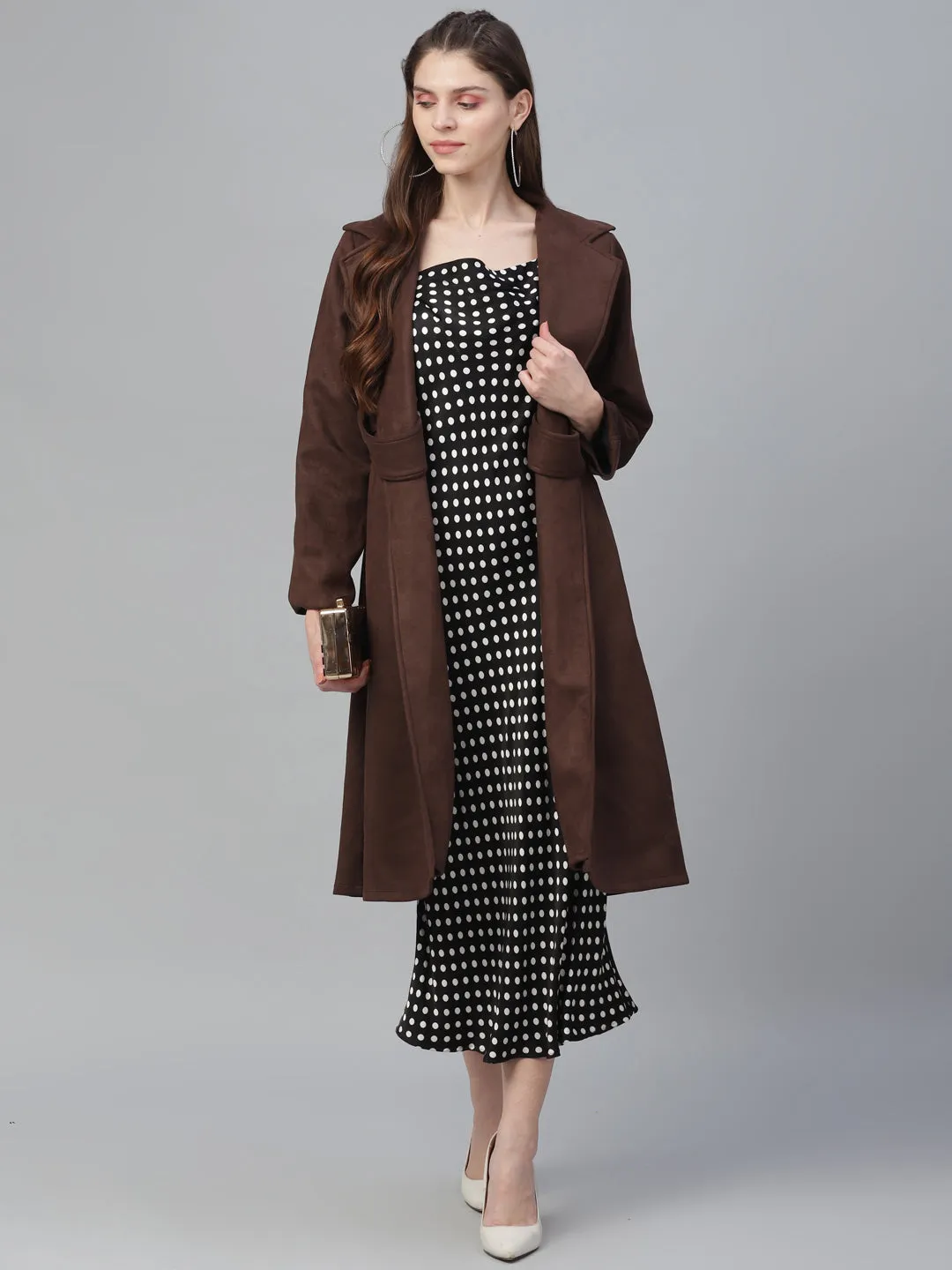 Athena Women Brown Solid Suede Longline Overcoat