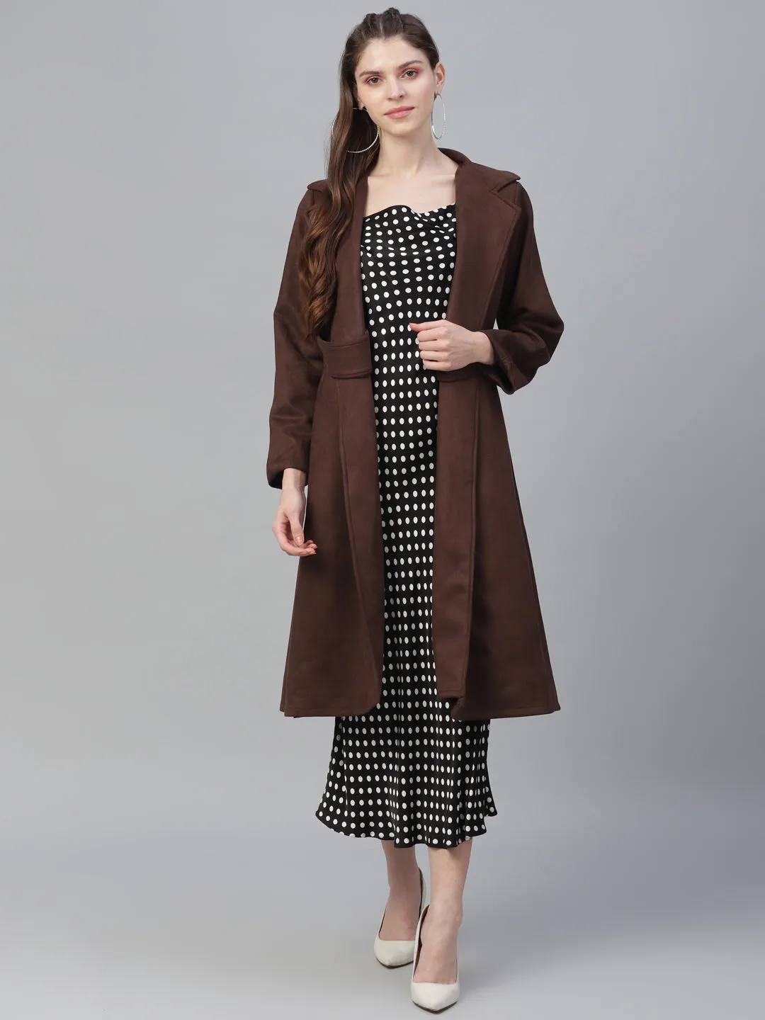 Athena Women Brown Solid Suede Longline Overcoat