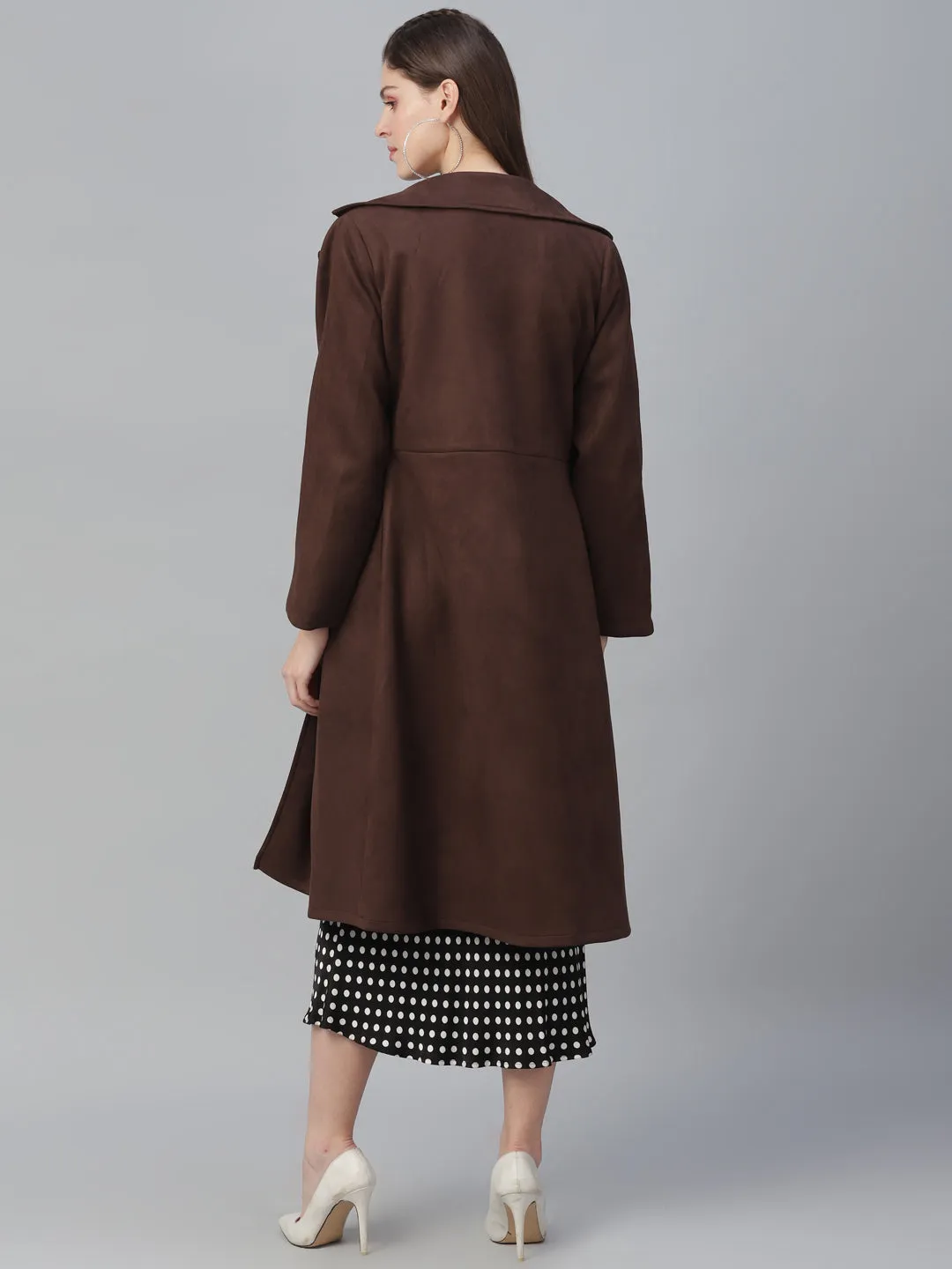 Athena Women Brown Solid Suede Longline Overcoat