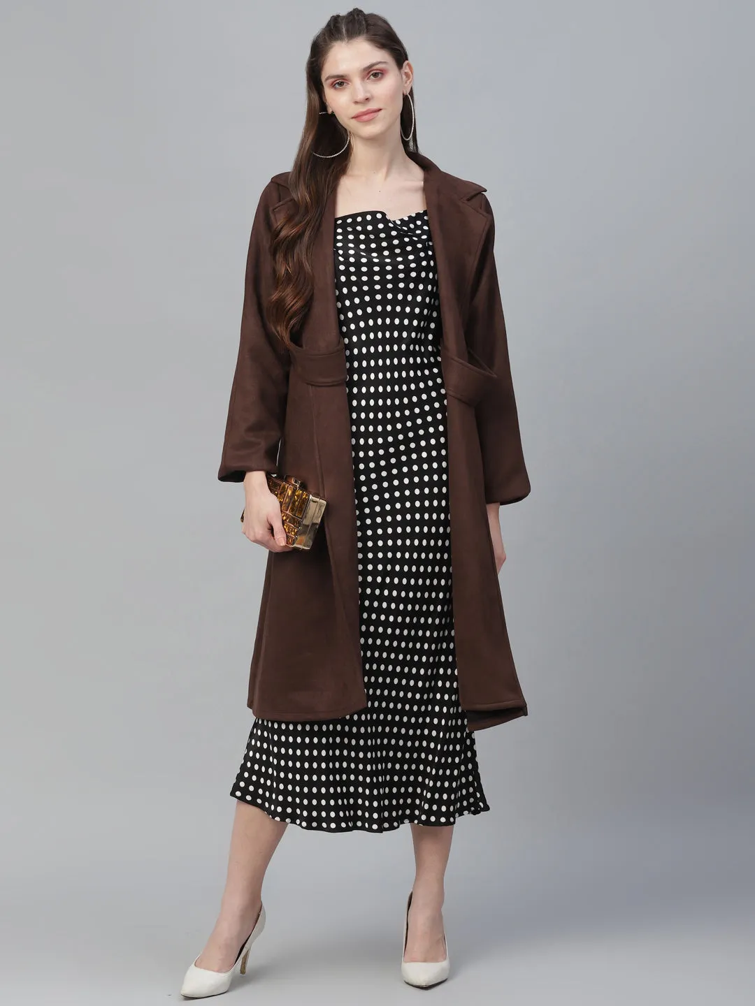 Athena Women Brown Solid Suede Longline Overcoat