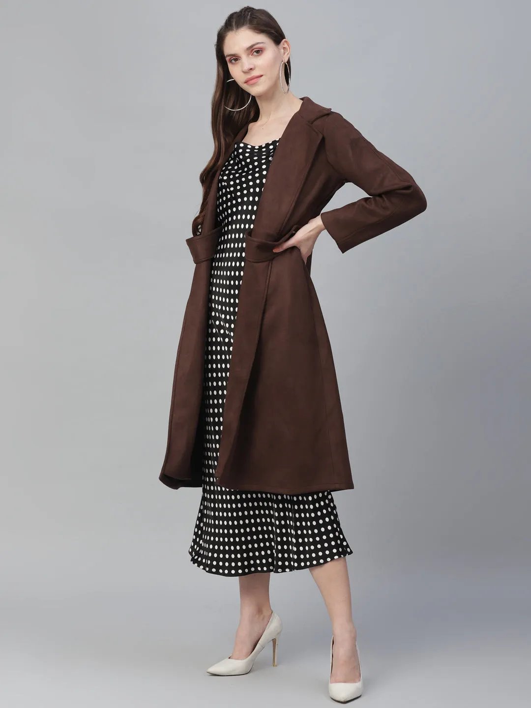 Athena Women Brown Solid Suede Longline Overcoat