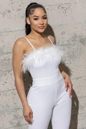 BELL BOTTOM KNIT  JUMPSUIT WITH FEATHERS