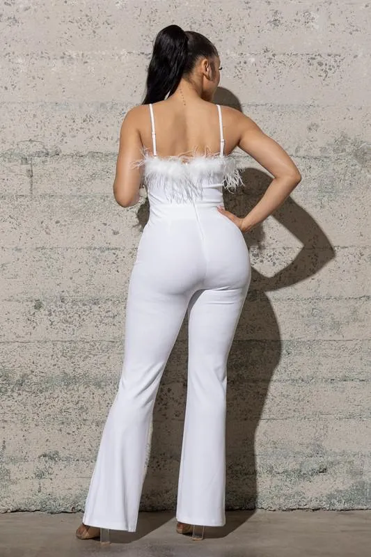BELL BOTTOM KNIT  JUMPSUIT WITH FEATHERS