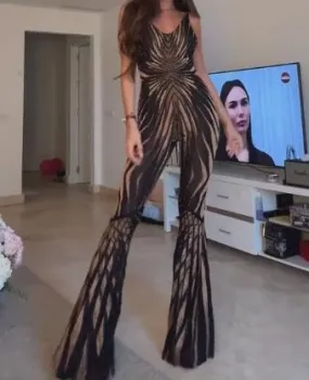Black And Gold Printed Slim Fit Jumpsuit