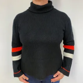 Black Chunky Ribbed Cashmere Polo Neck Jumper Large