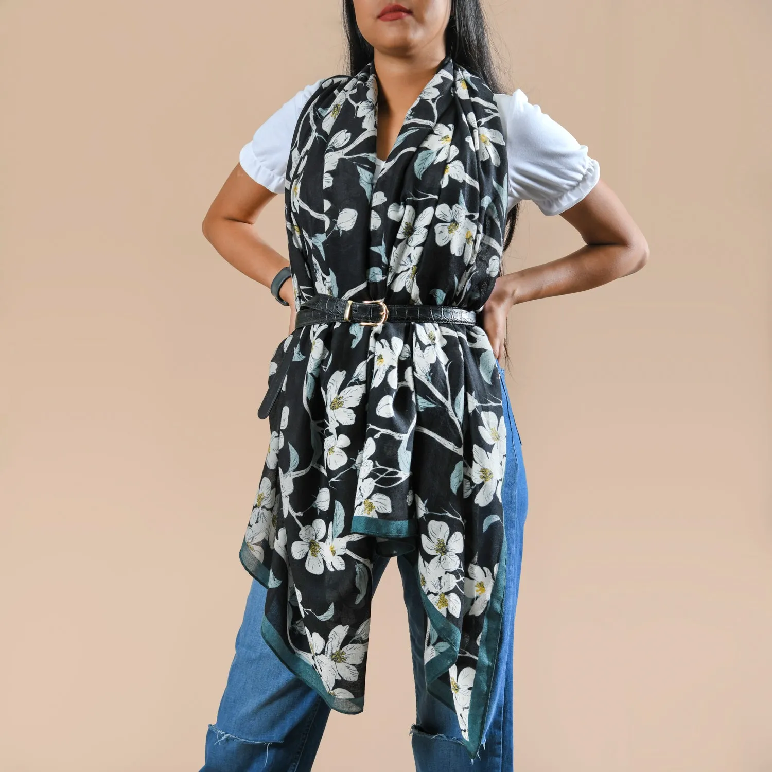 Black Floral Scarf For Women