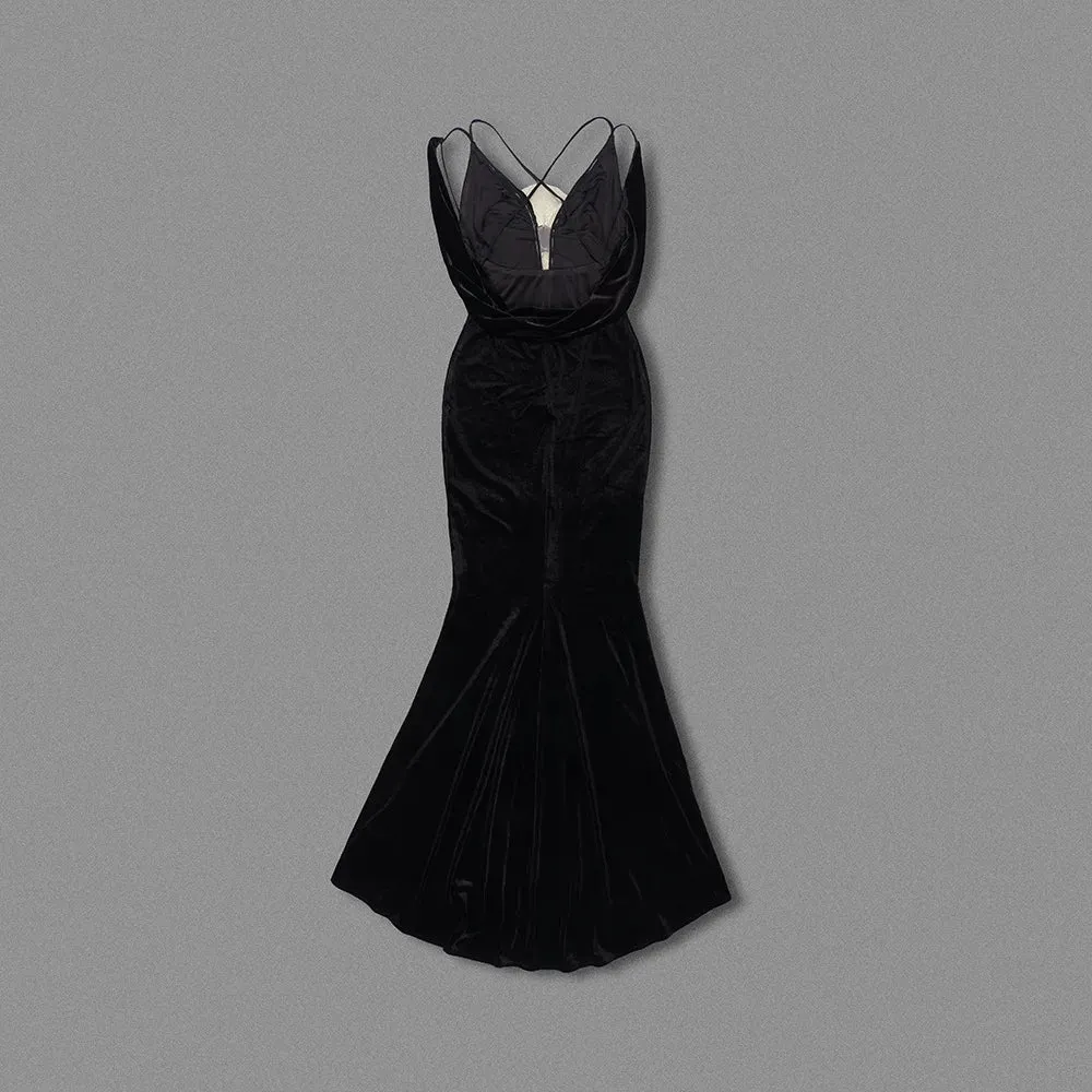 Black Korean Velvet Halter Slim Gold Flower Evening dress