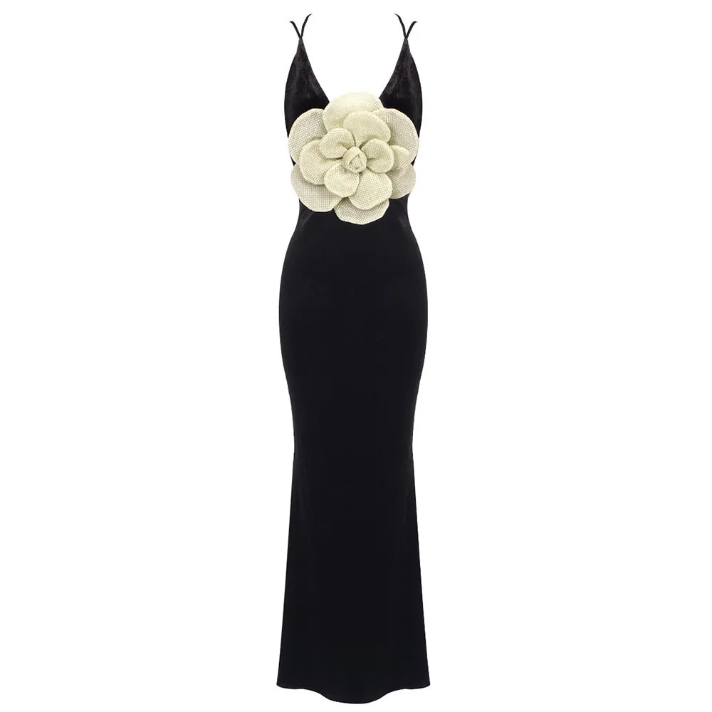Black Korean Velvet Halter Slim Gold Flower Evening dress