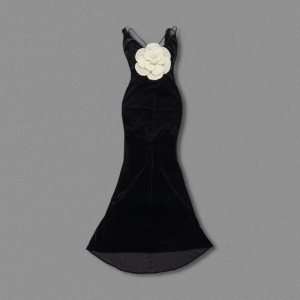 Black Korean Velvet Halter Slim Gold Flower Evening dress