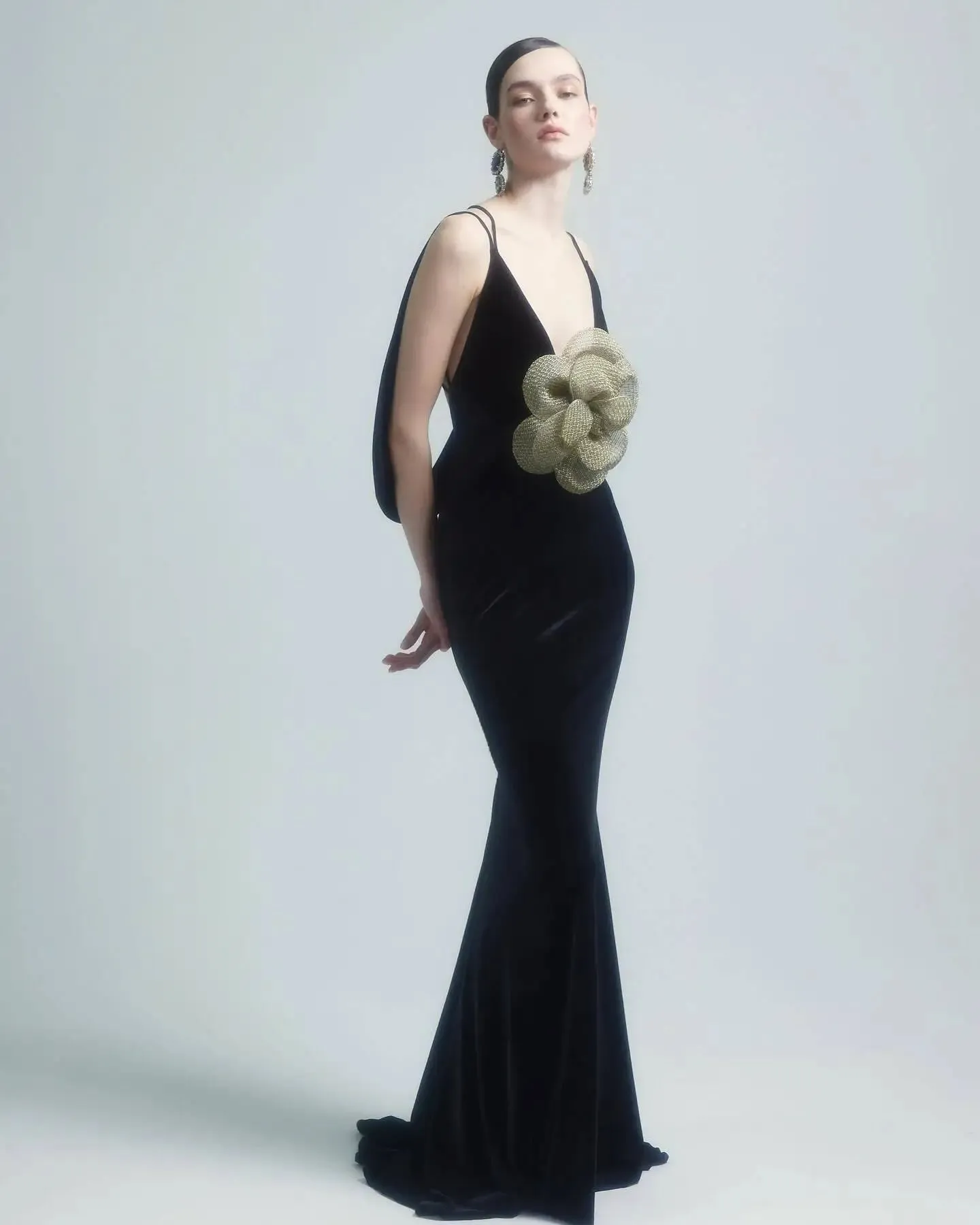 Black Korean Velvet Halter Slim Gold Flower Evening dress