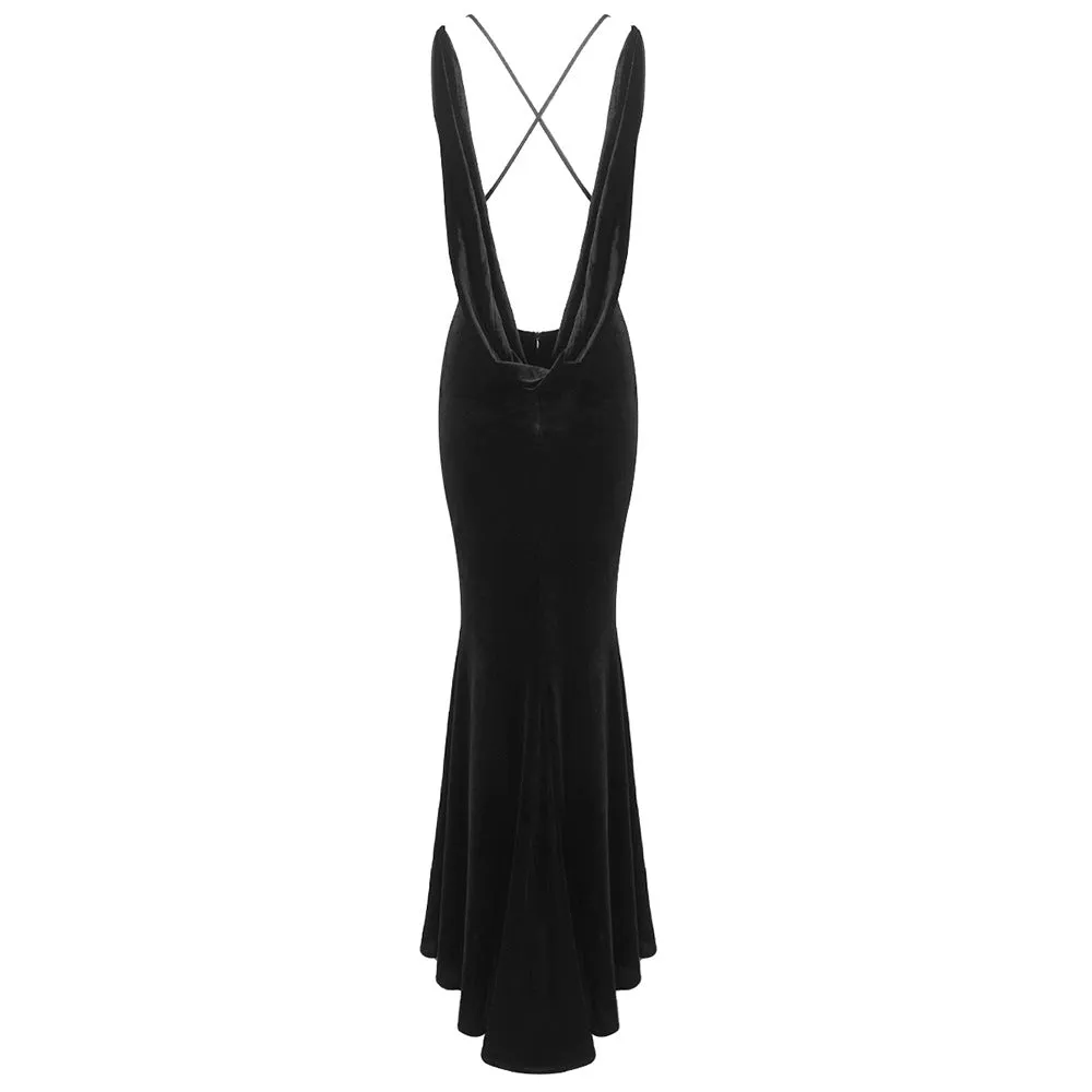 Black Korean Velvet Halter Slim Gold Flower Evening dress