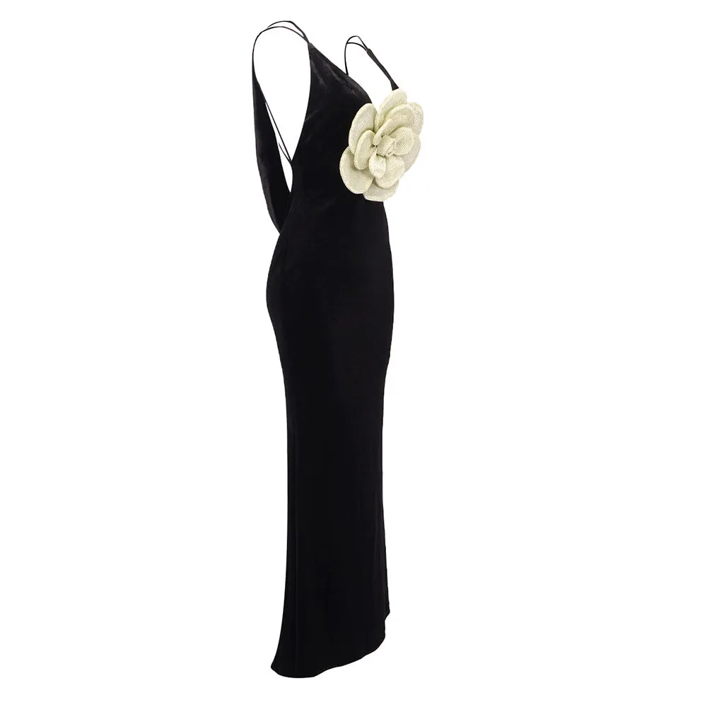 Black Korean Velvet Halter Slim Gold Flower Evening dress