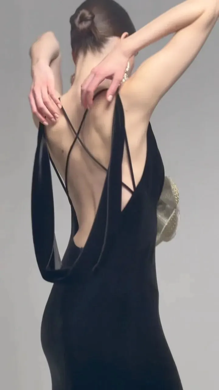 Black Korean Velvet Halter Slim Gold Flower Evening dress