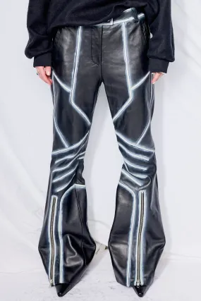 Black/White Feather Moto Leather Trousers