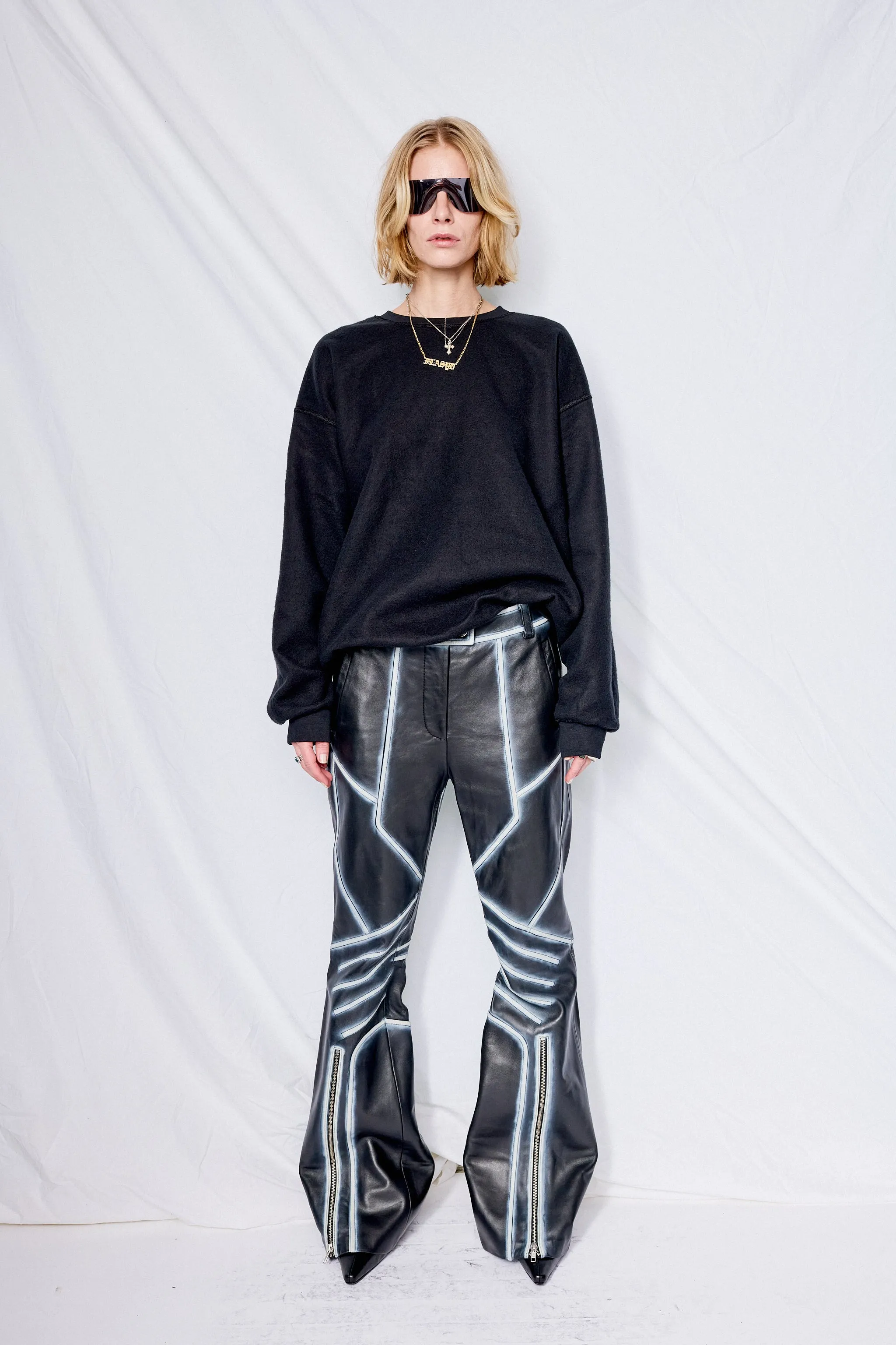Black/White Feather Moto Leather Trousers