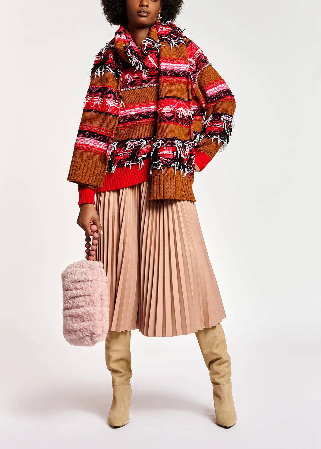 Camel, red and white scarf with inside-out look