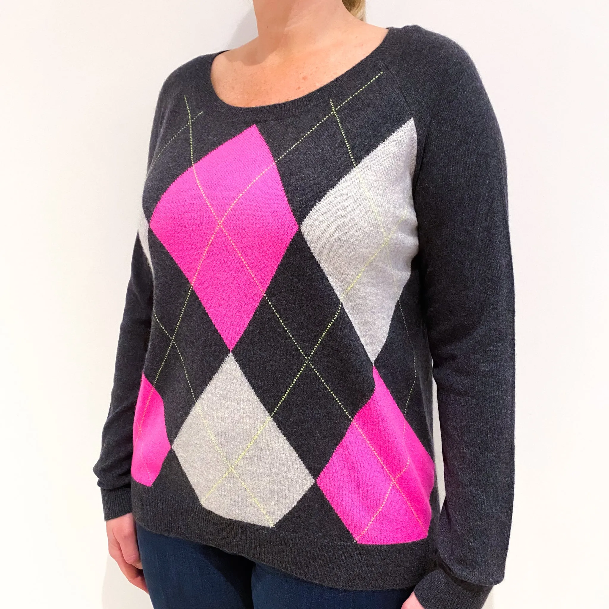 Charcoal Grey Pink Argyle Cashmere Crew Neck Jumper Large