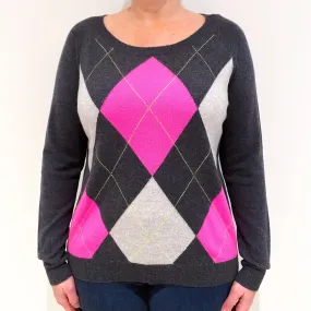 Charcoal Grey Pink Argyle Cashmere Crew Neck Jumper Large