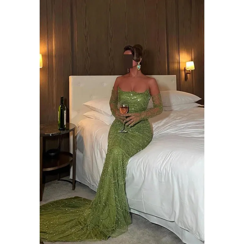 Chic & Sparkly Off-Shoulder Mermaid Long Sleeves Evening Party Prom Dress