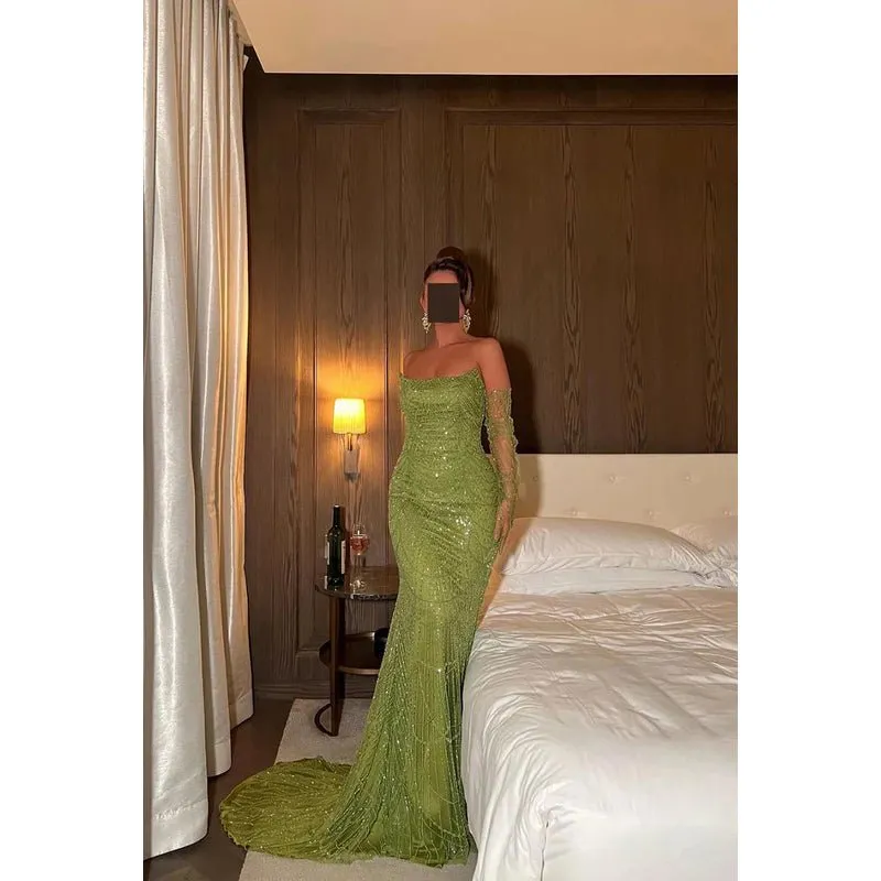 Chic & Sparkly Off-Shoulder Mermaid Long Sleeves Evening Party Prom Dress