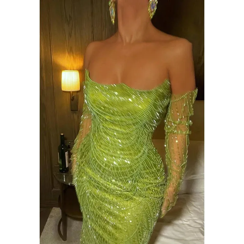 Chic & Sparkly Off-Shoulder Mermaid Long Sleeves Evening Party Prom Dress