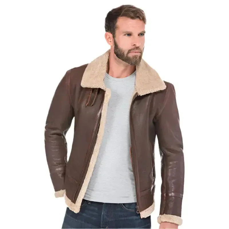 Classic Men's Brown Leather Bomber Jacket – Shearling Lined & Warm