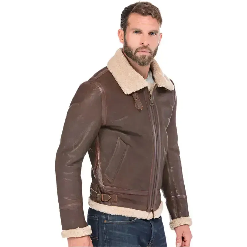 Classic Men's Brown Leather Bomber Jacket – Shearling Lined & Warm