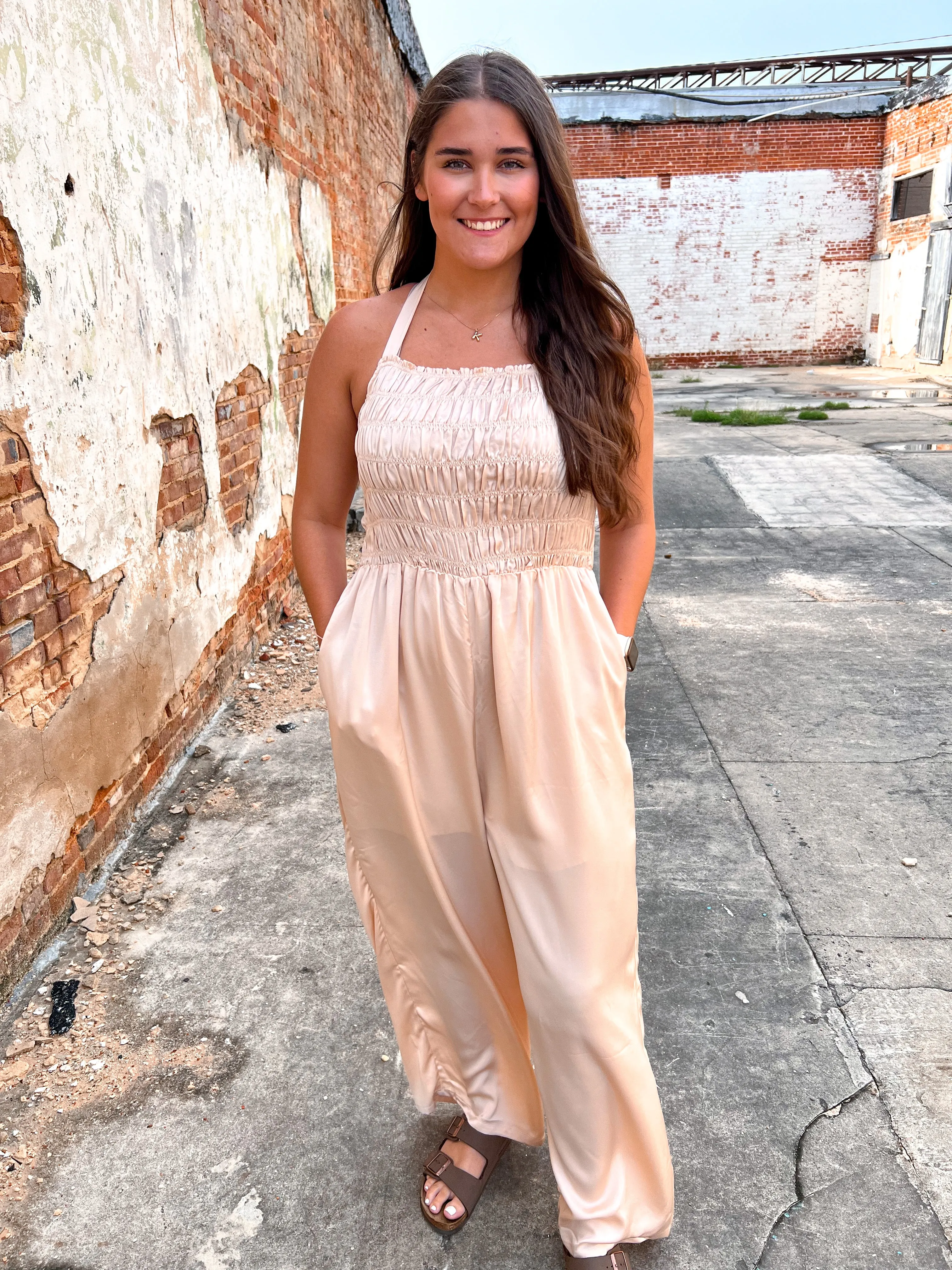 Davina Halter Neck Tie Closure Smocked Jumpsuit