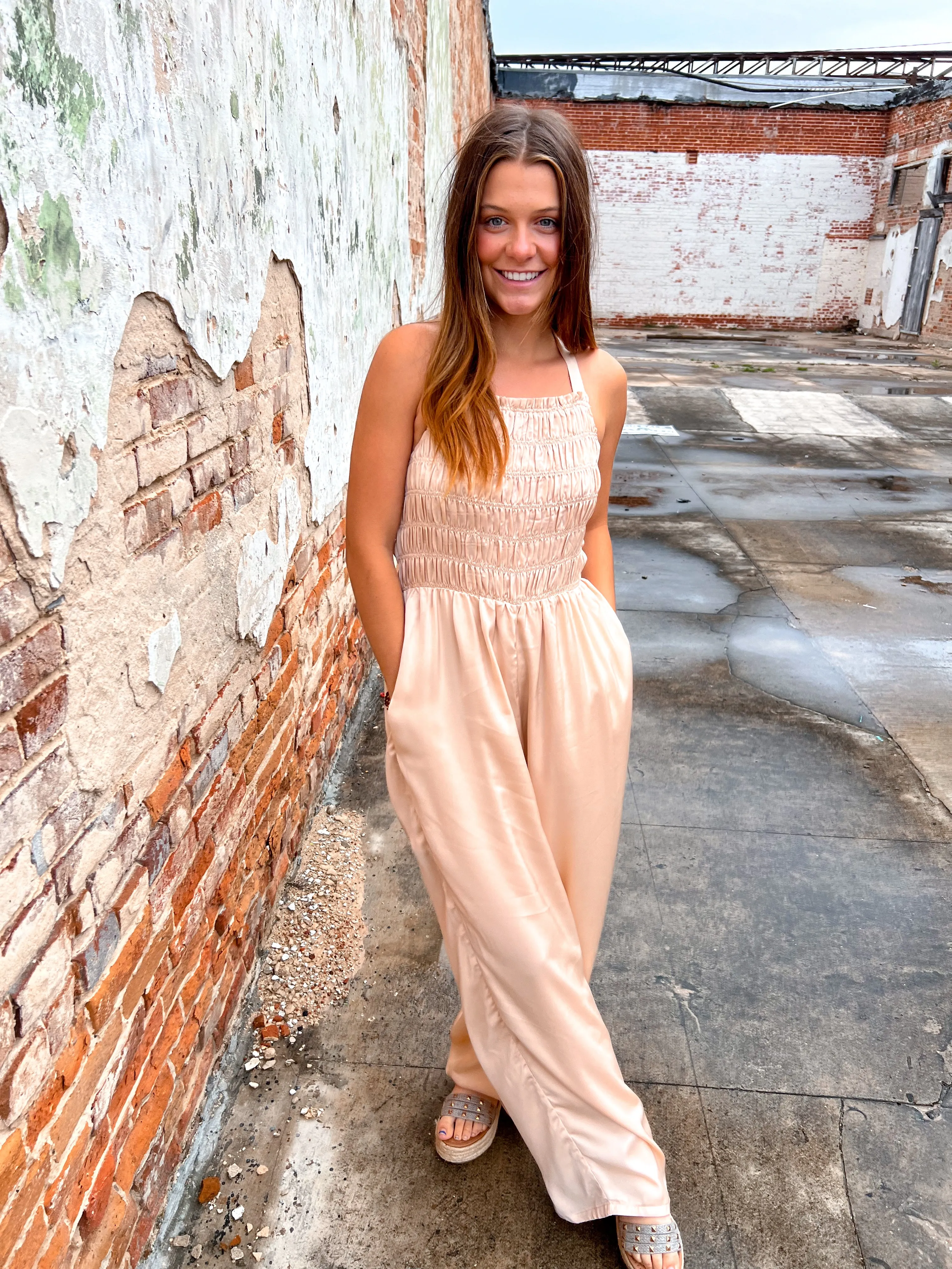 Davina Halter Neck Tie Closure Smocked Jumpsuit