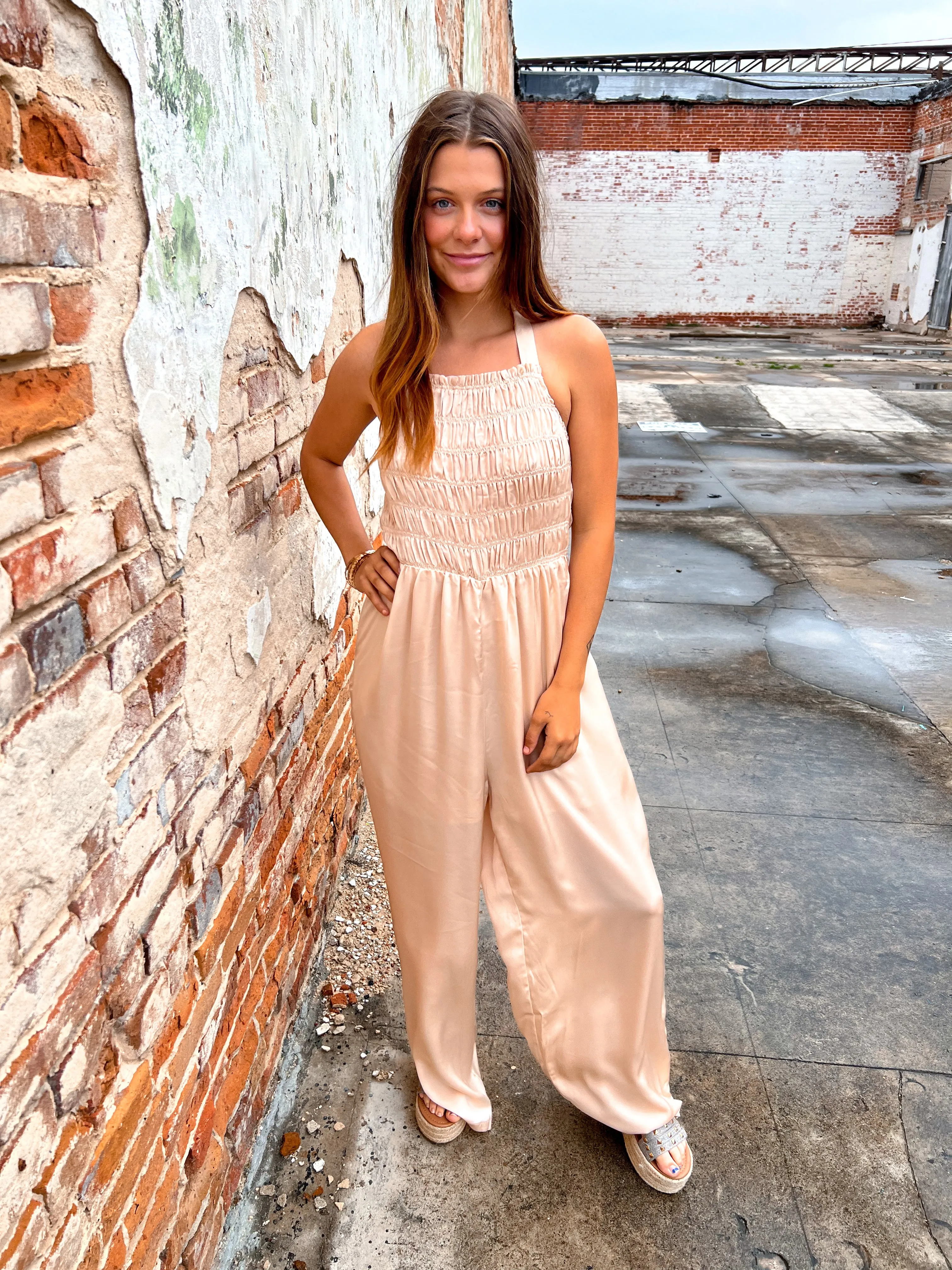 Davina Halter Neck Tie Closure Smocked Jumpsuit