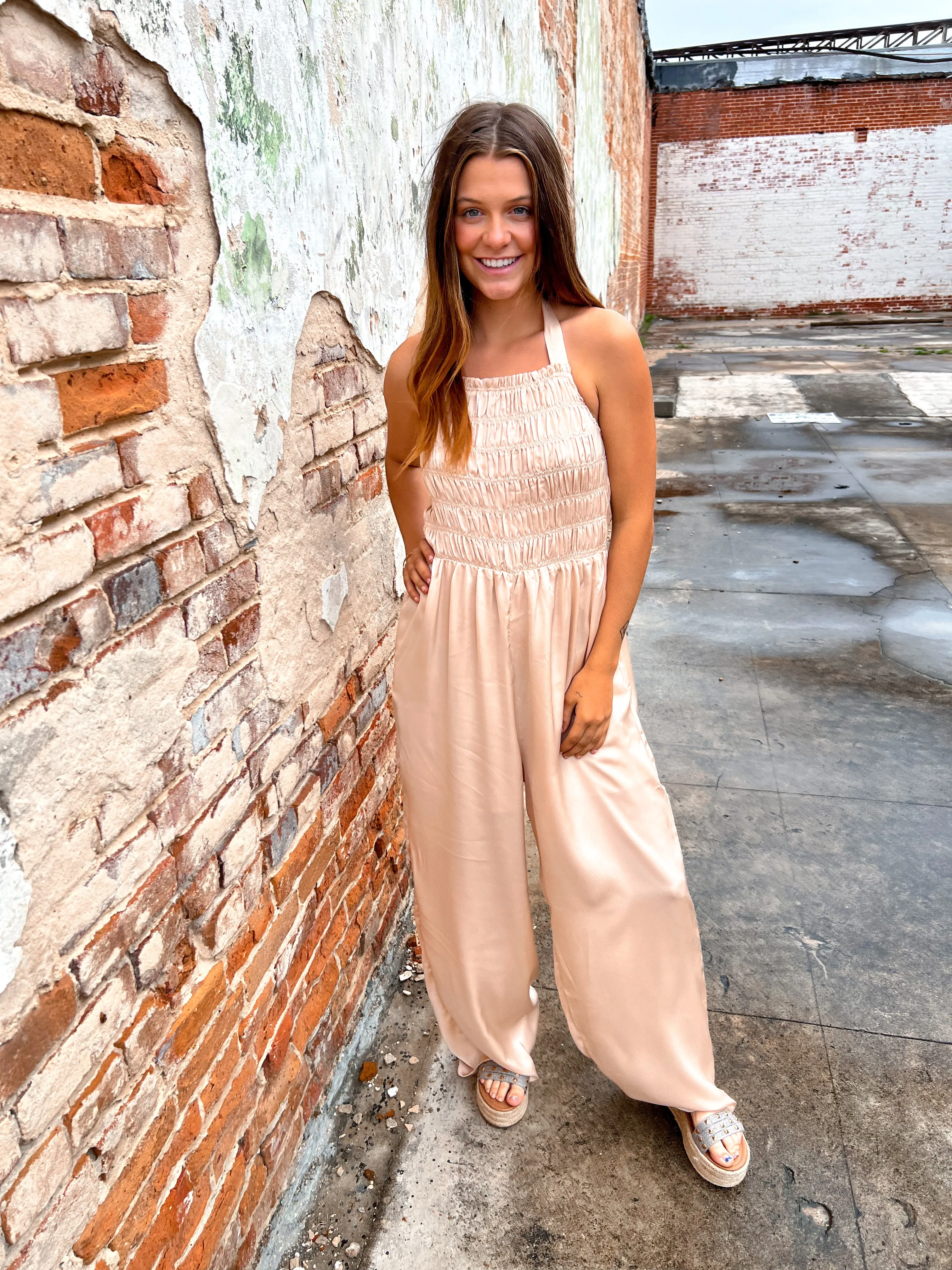 Davina Halter Neck Tie Closure Smocked Jumpsuit
