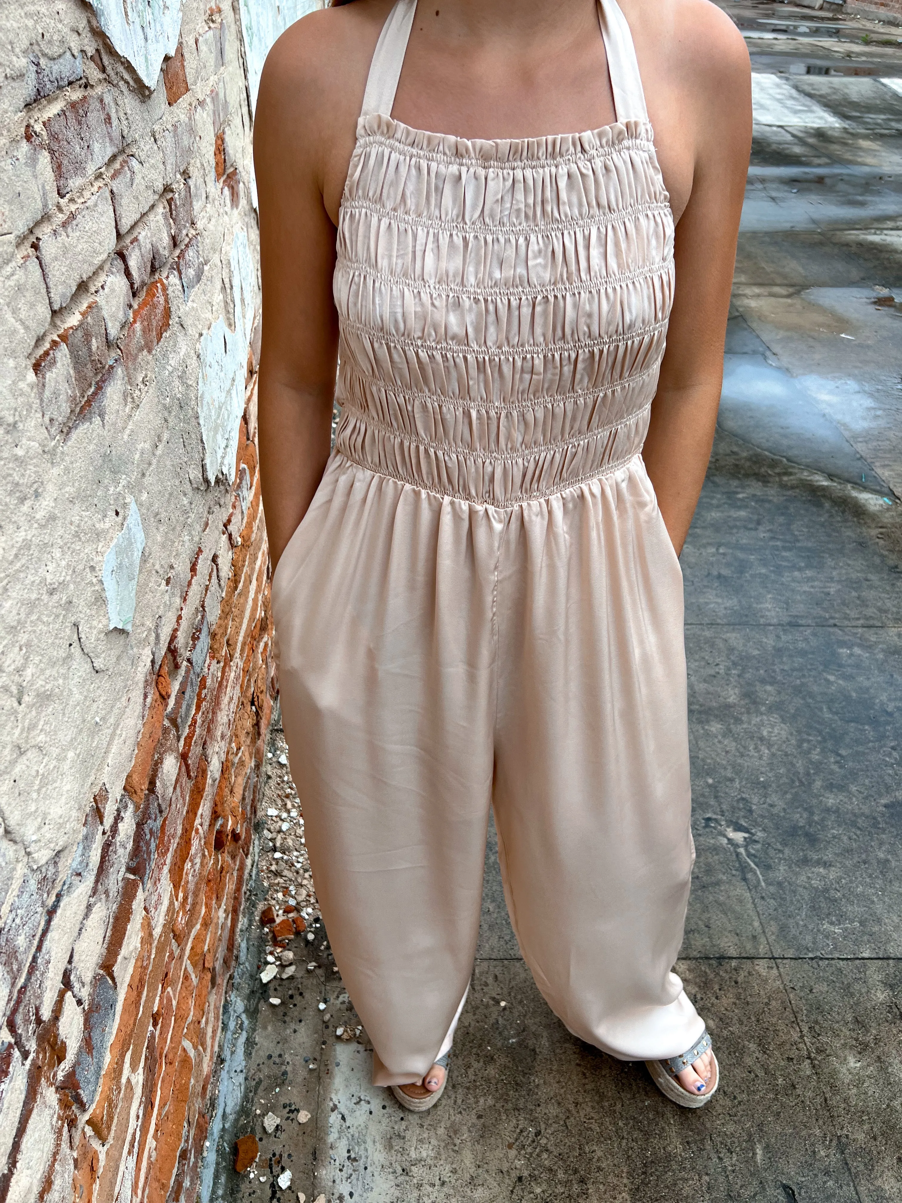 Davina Halter Neck Tie Closure Smocked Jumpsuit