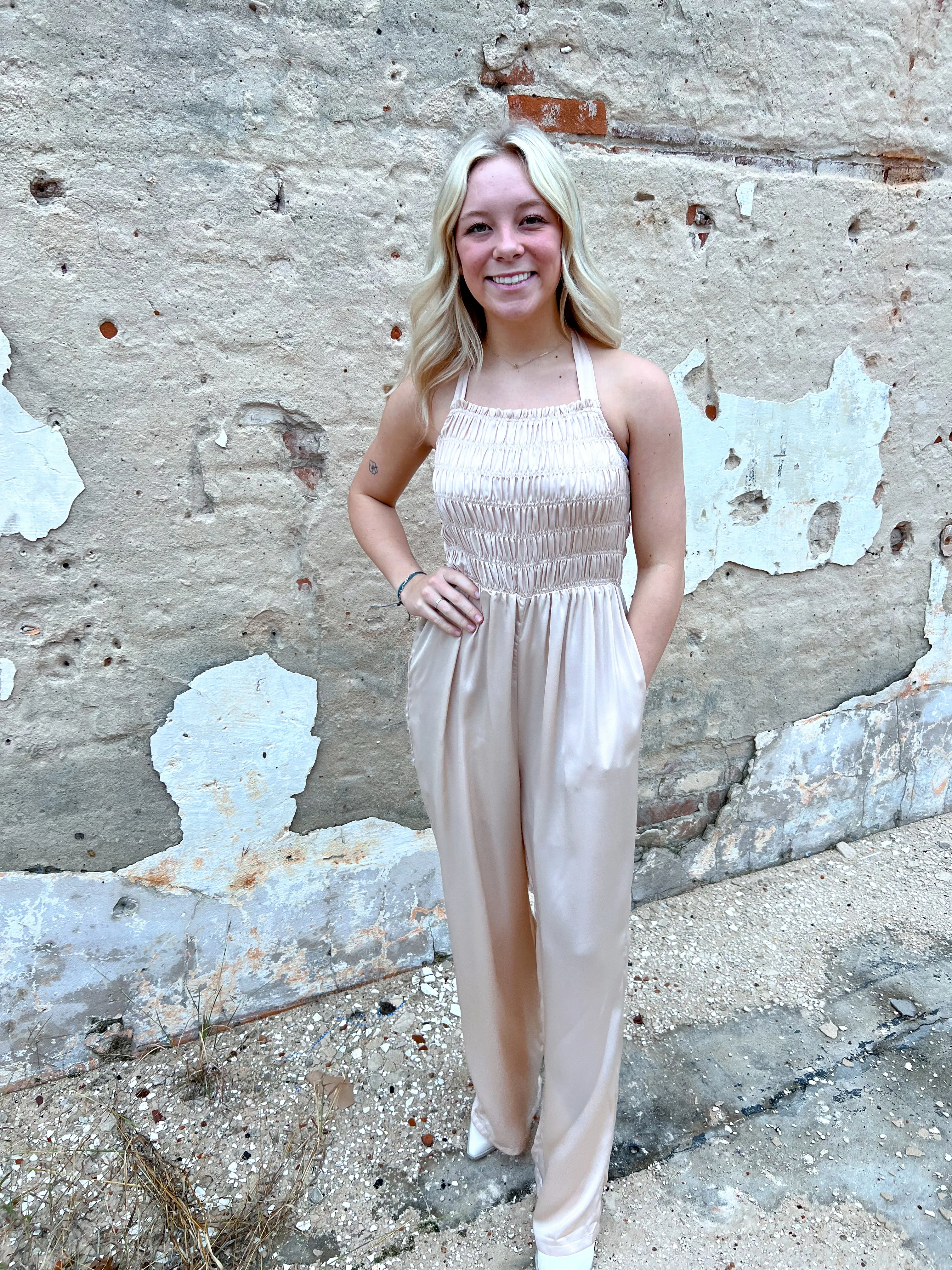 Davina Halter Neck Tie Closure Smocked Jumpsuit