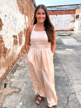 Davina Halter Neck Tie Closure Smocked Jumpsuit